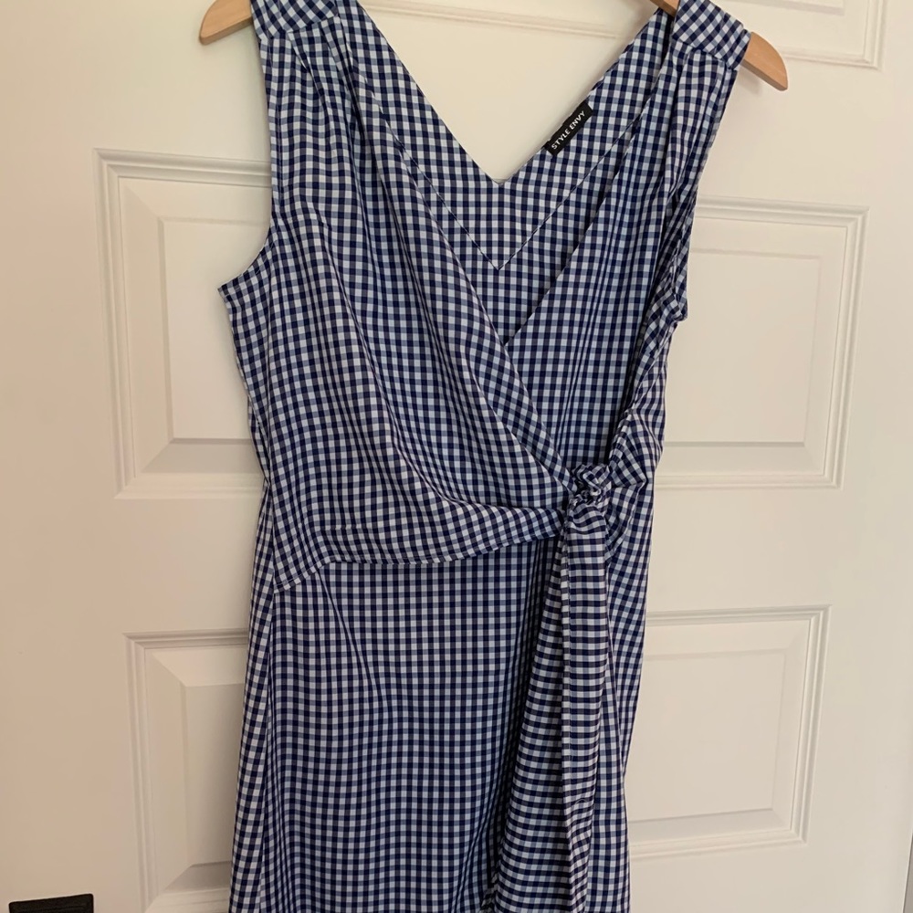 Blue gingham wrap dress